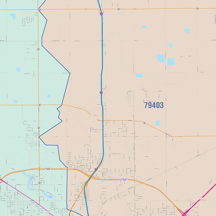 Color Cast Zip Code Style Wall Map of Lubbock, TX