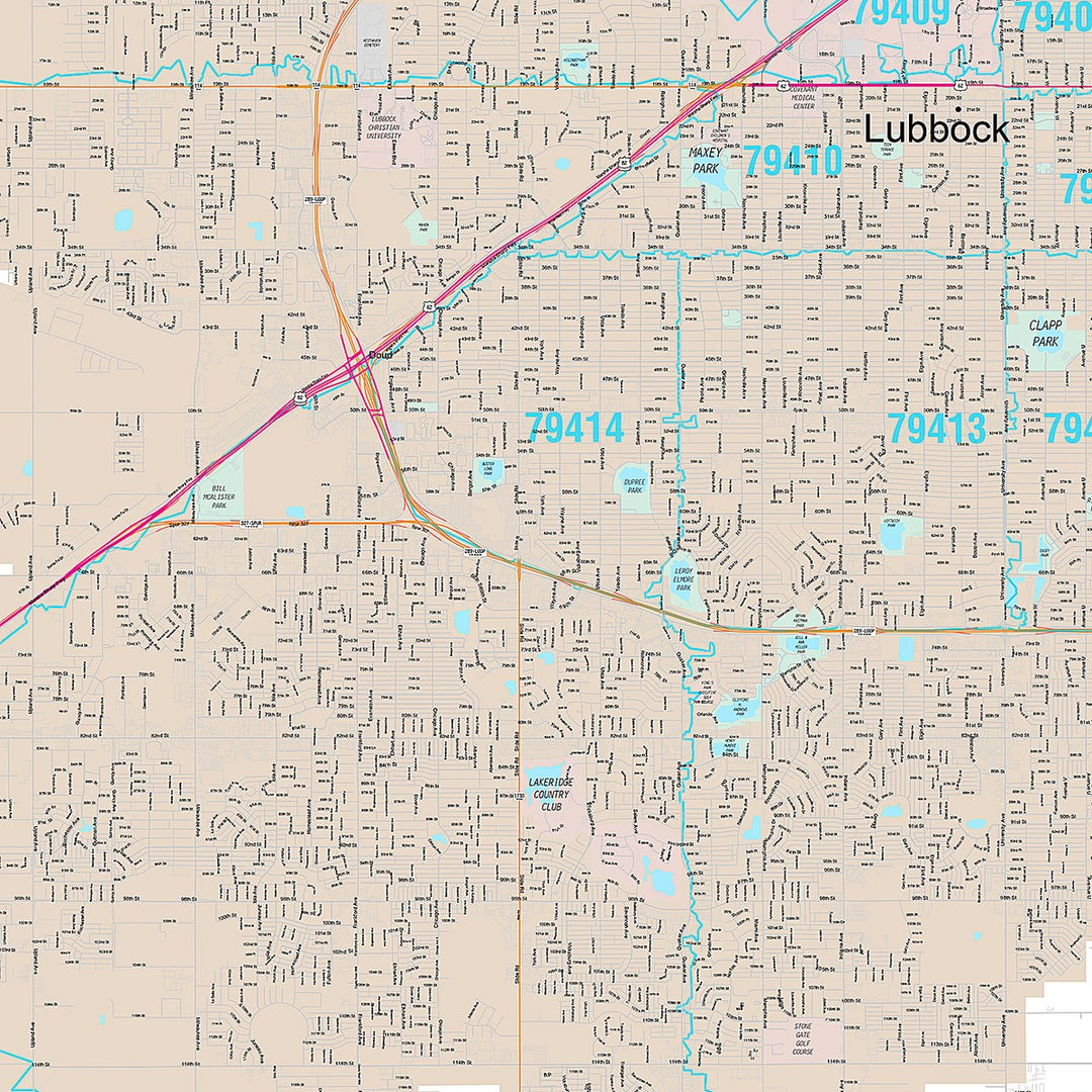 Premium Style Wall Map of Lubbock, TX