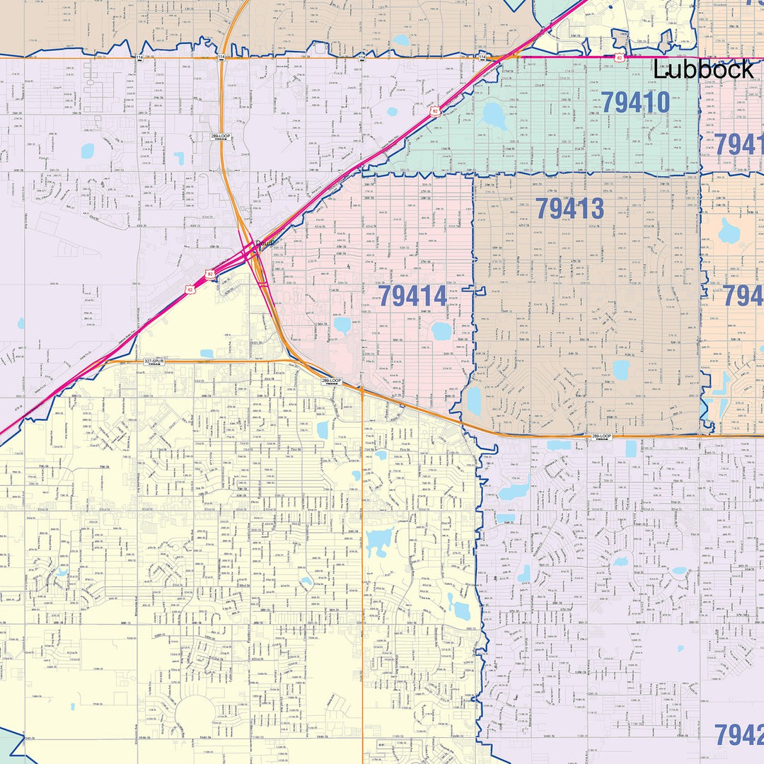 Color Cast Zip Code Style Wall Map of Lubbock, TX