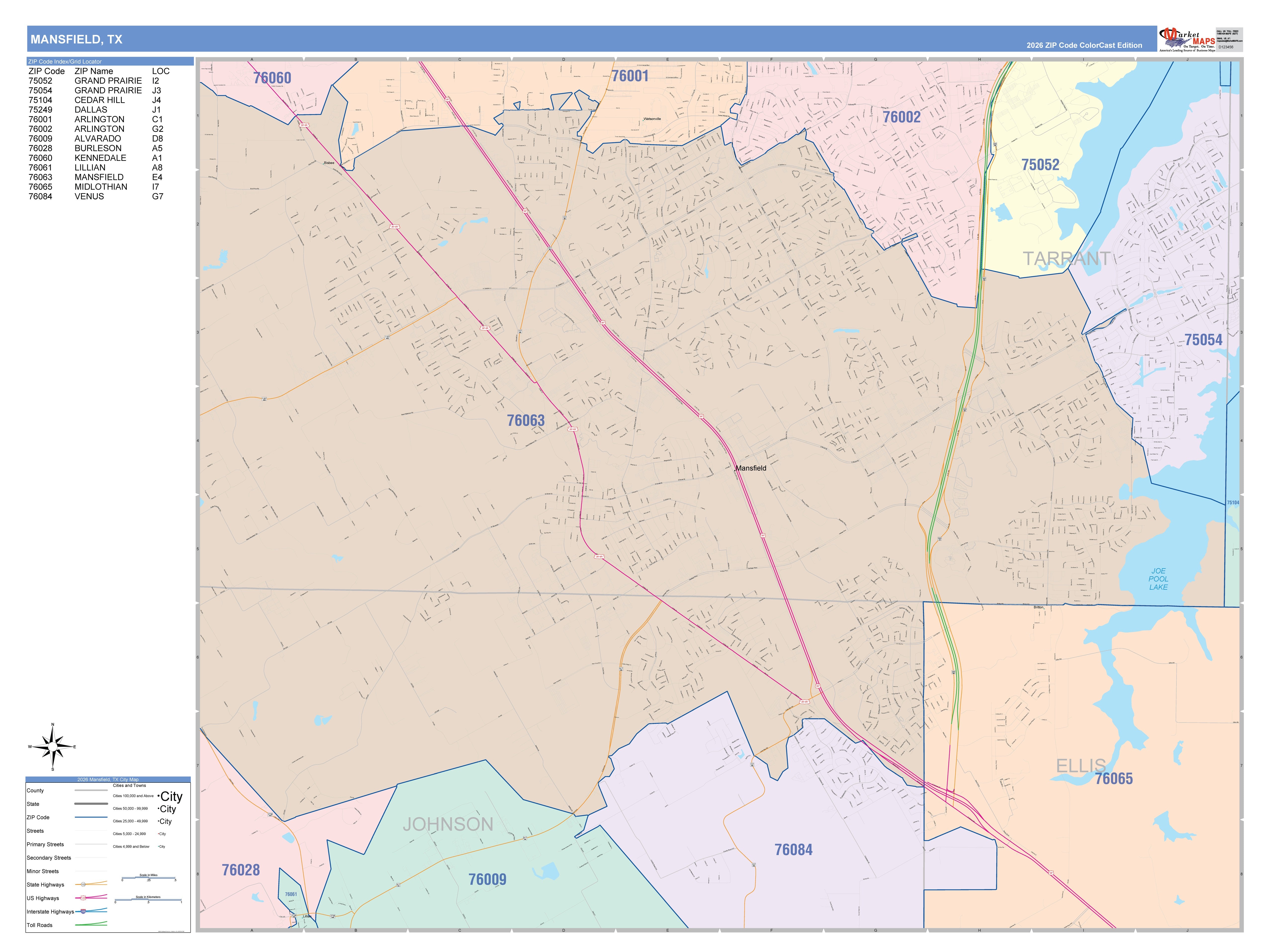 Color Cast Zip Code Style Wall Map of Mansfield, TX – American Map Store