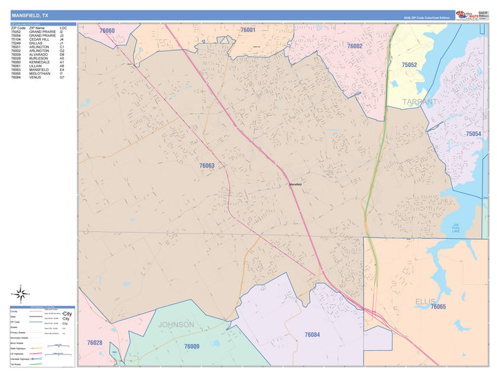 Color Cast Zip Code Style Wall Map of Mansfield, TX