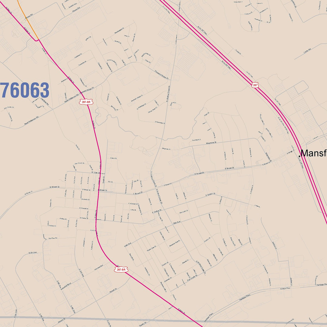Color Cast Zip Code Style Wall Map of Mansfield, TX