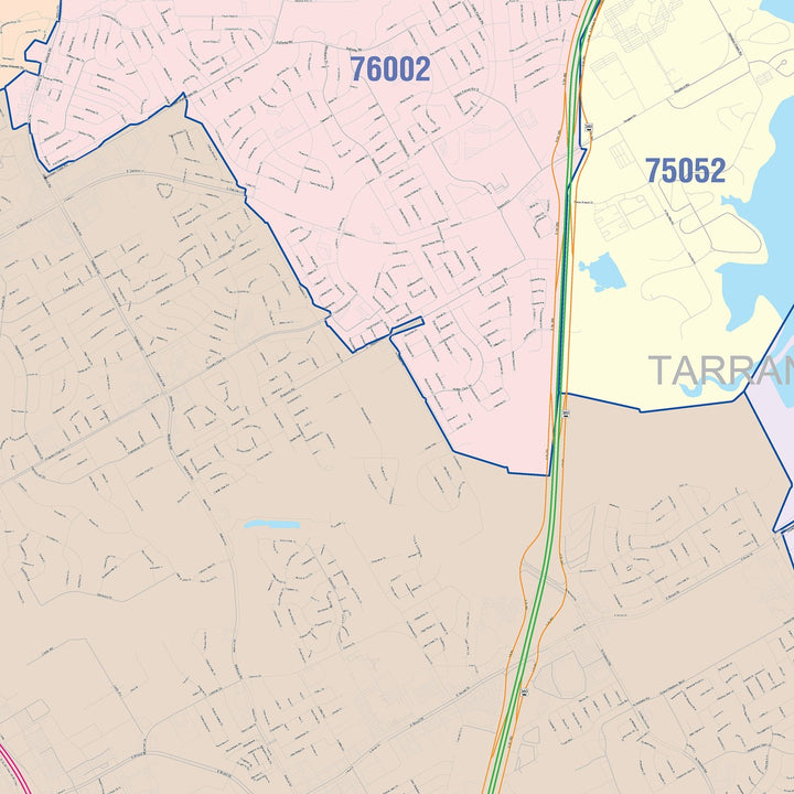 Color Cast Zip Code Style Wall Map of Mansfield, TX