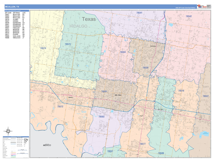 Color Cast Zip Code Style Wall Map of McAllen, TX