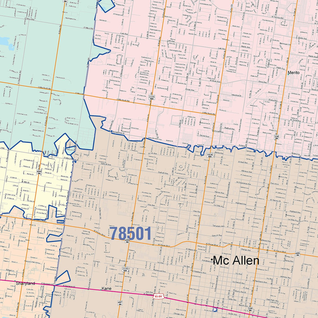 Color Cast Zip Code Style Wall Map of McAllen, TX