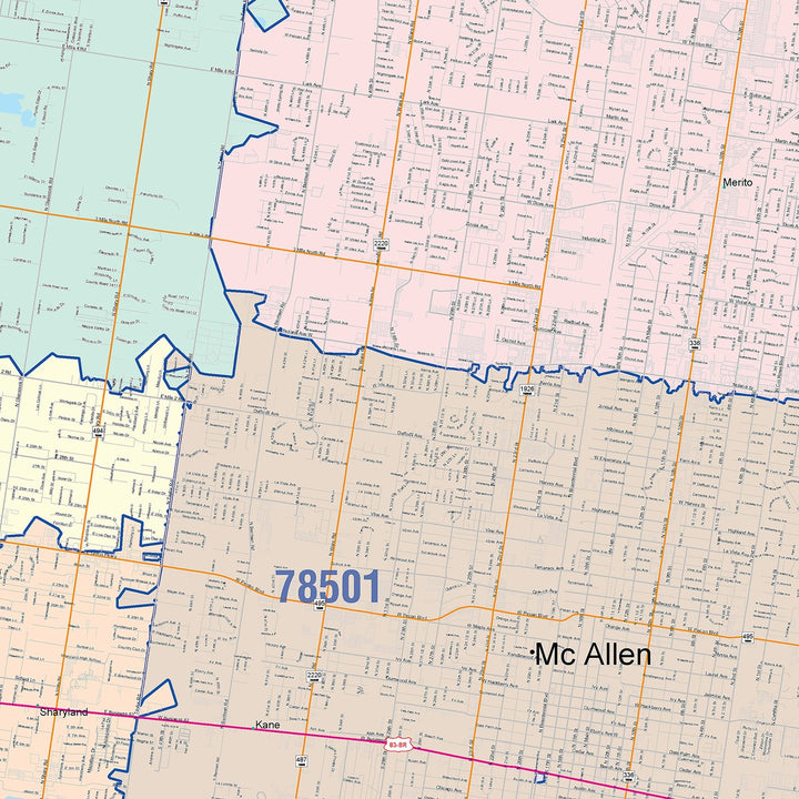Color Cast Zip Code Style Wall Map of McAllen, TX