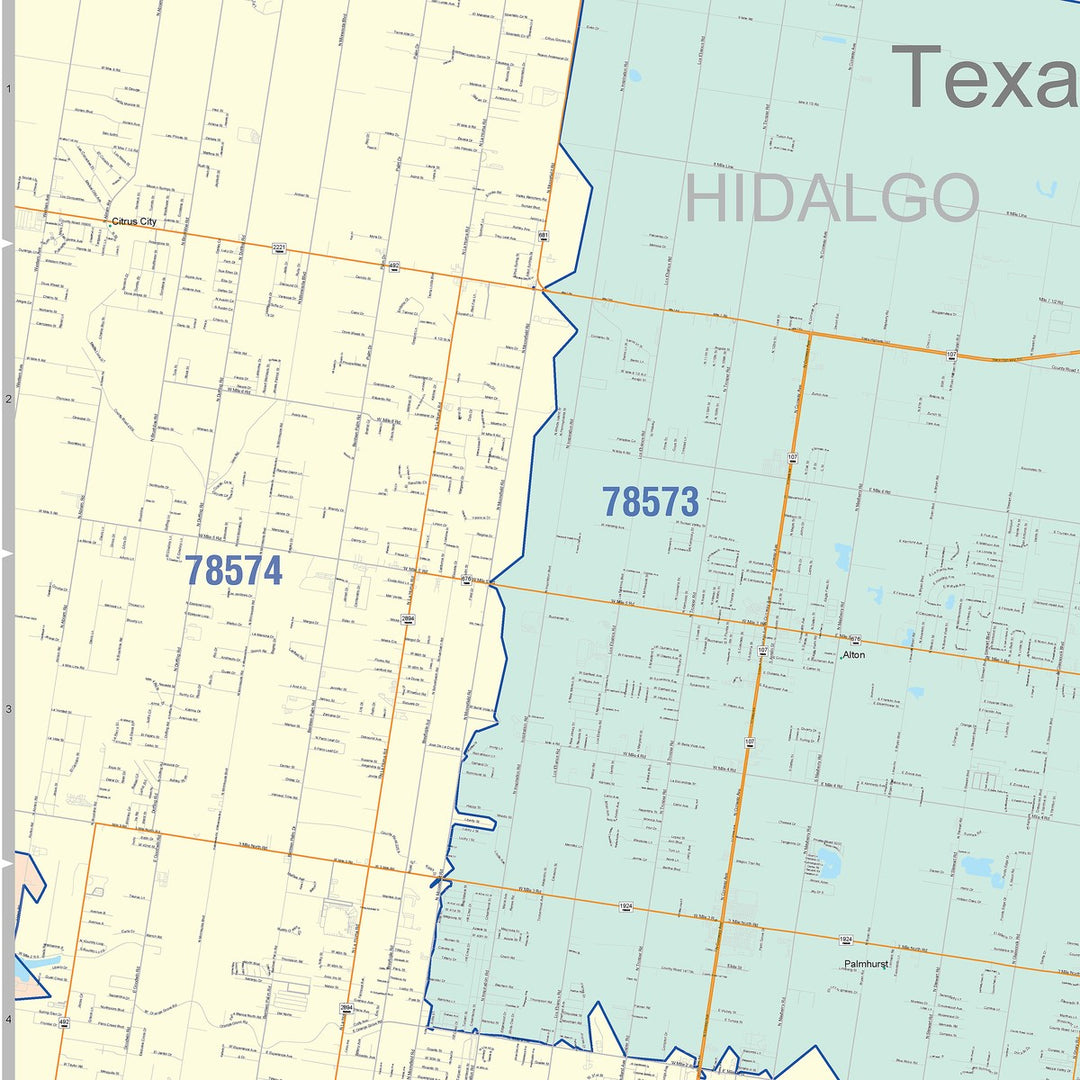 Color Cast Zip Code Style Wall Map of McAllen, TX