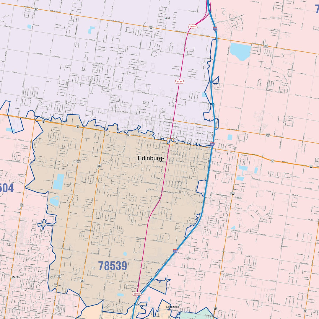 Color Cast Zip Code Style Wall Map of McAllen, TX