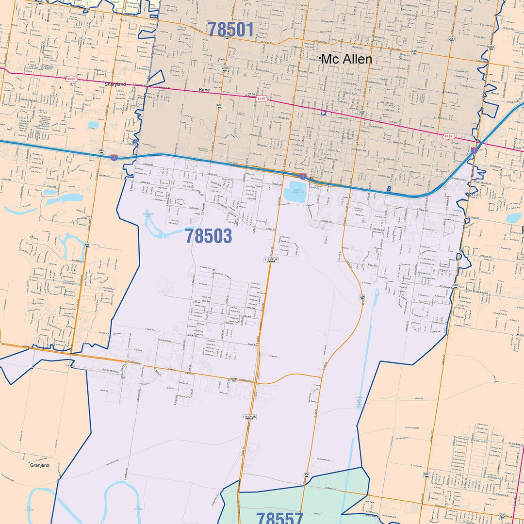 Color Cast Zip Code Style Wall Map of McAllen, TX