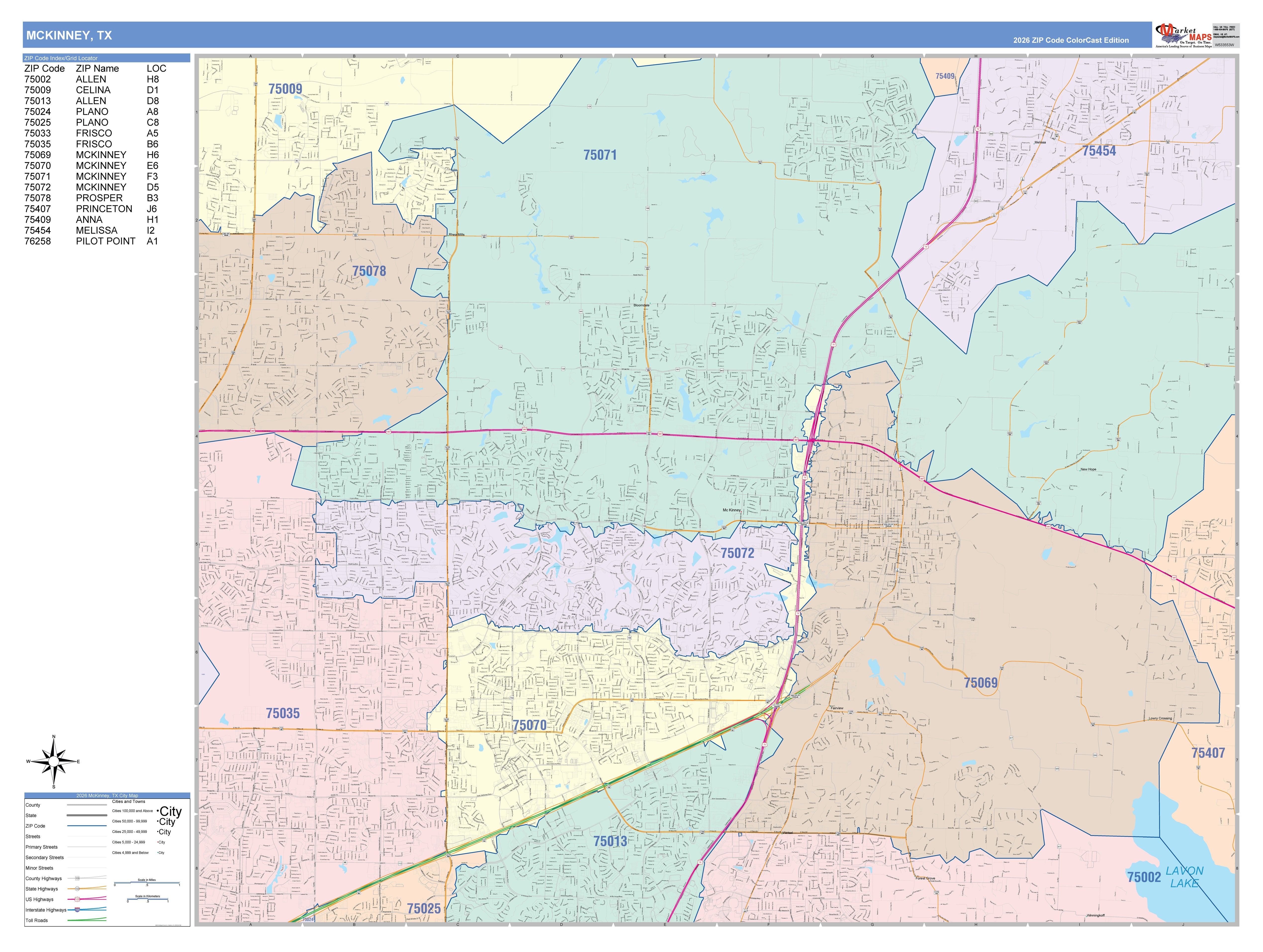 Color Cast Zip Code Style Wall Map of McKinney, TX – American Map Store