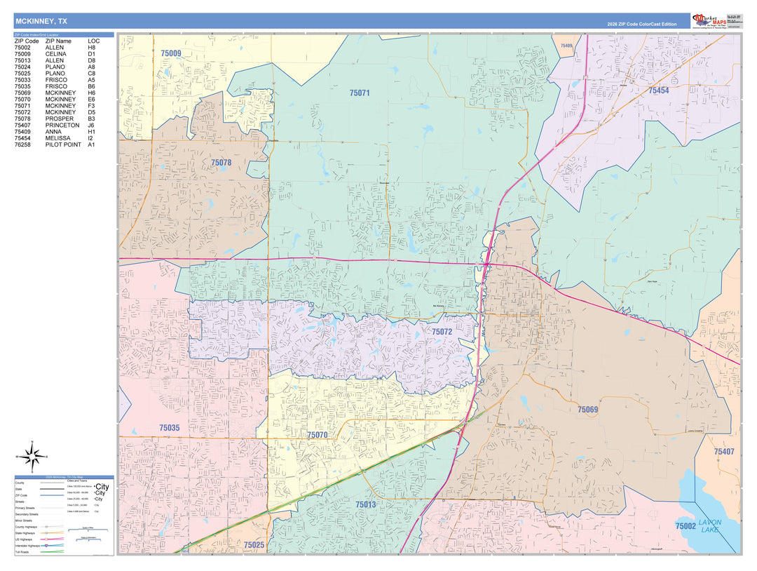 Color Cast Zip Code Style Wall Map of McKinney, TX