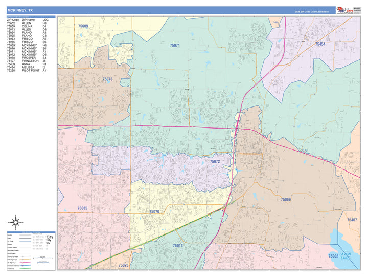Color Cast Zip Code Style Wall Map of McKinney, TX