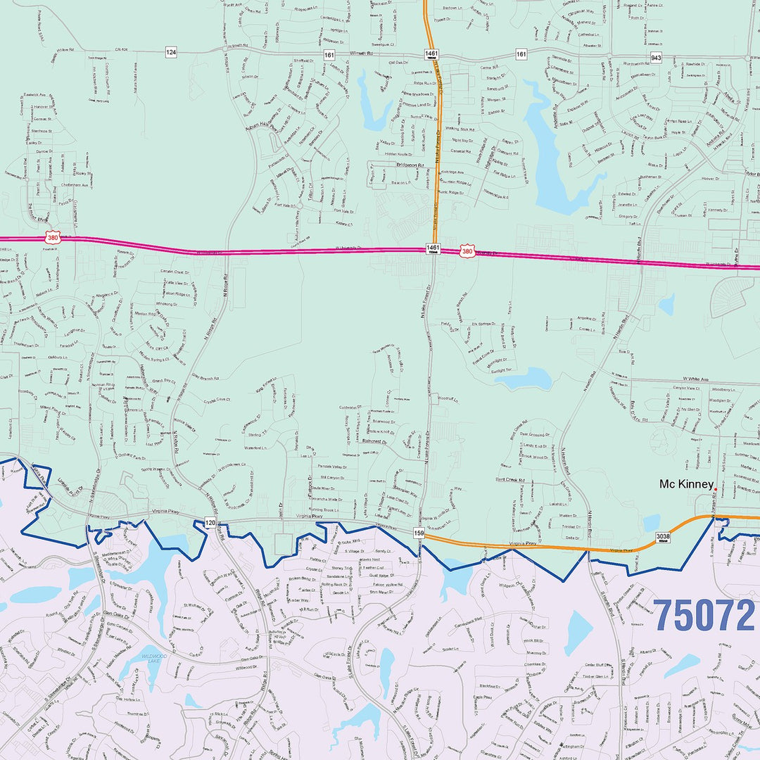 Color Cast Zip Code Style Wall Map of McKinney, TX