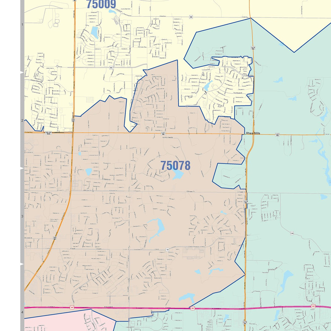 Color Cast Zip Code Style Wall Map of McKinney, TX