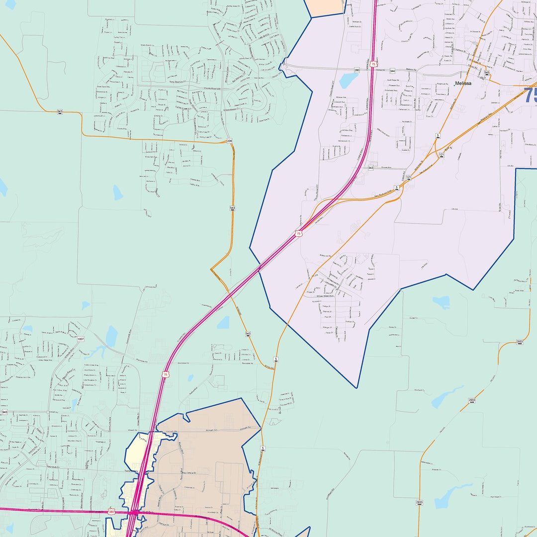 Color Cast Zip Code Style Wall Map of McKinney, TX