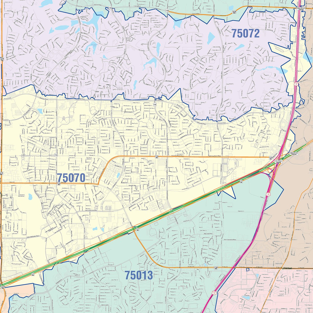 Color Cast Zip Code Style Wall Map of McKinney, TX