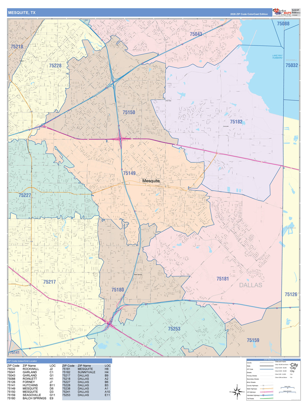 Color Cast Zip Code Style Wall Map of Mesquite, TX