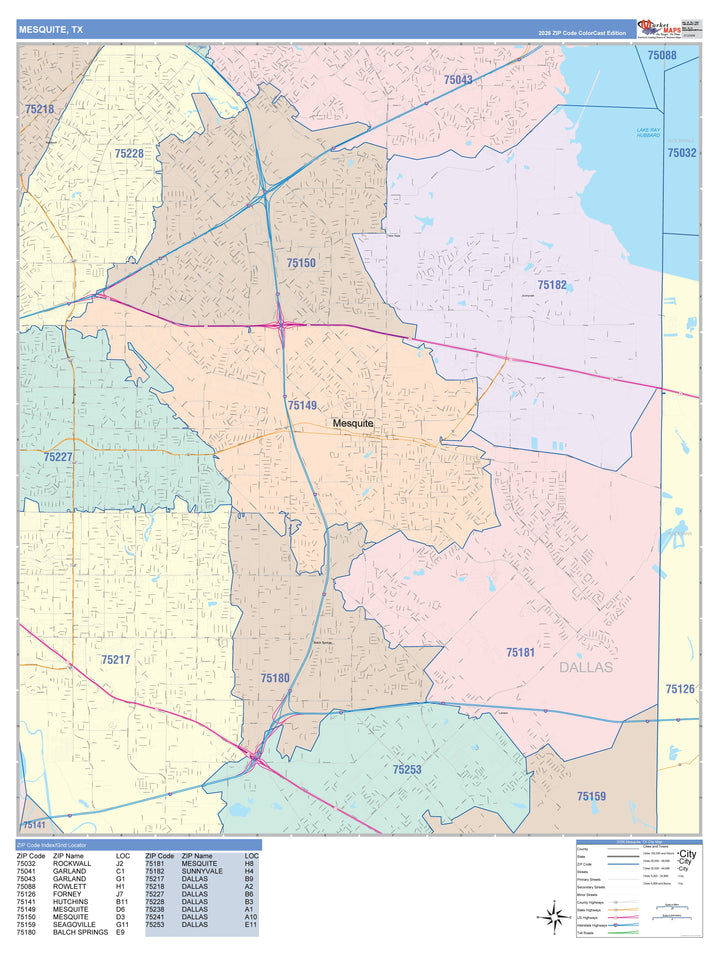 Color Cast Zip Code Style Wall Map of Mesquite, TX