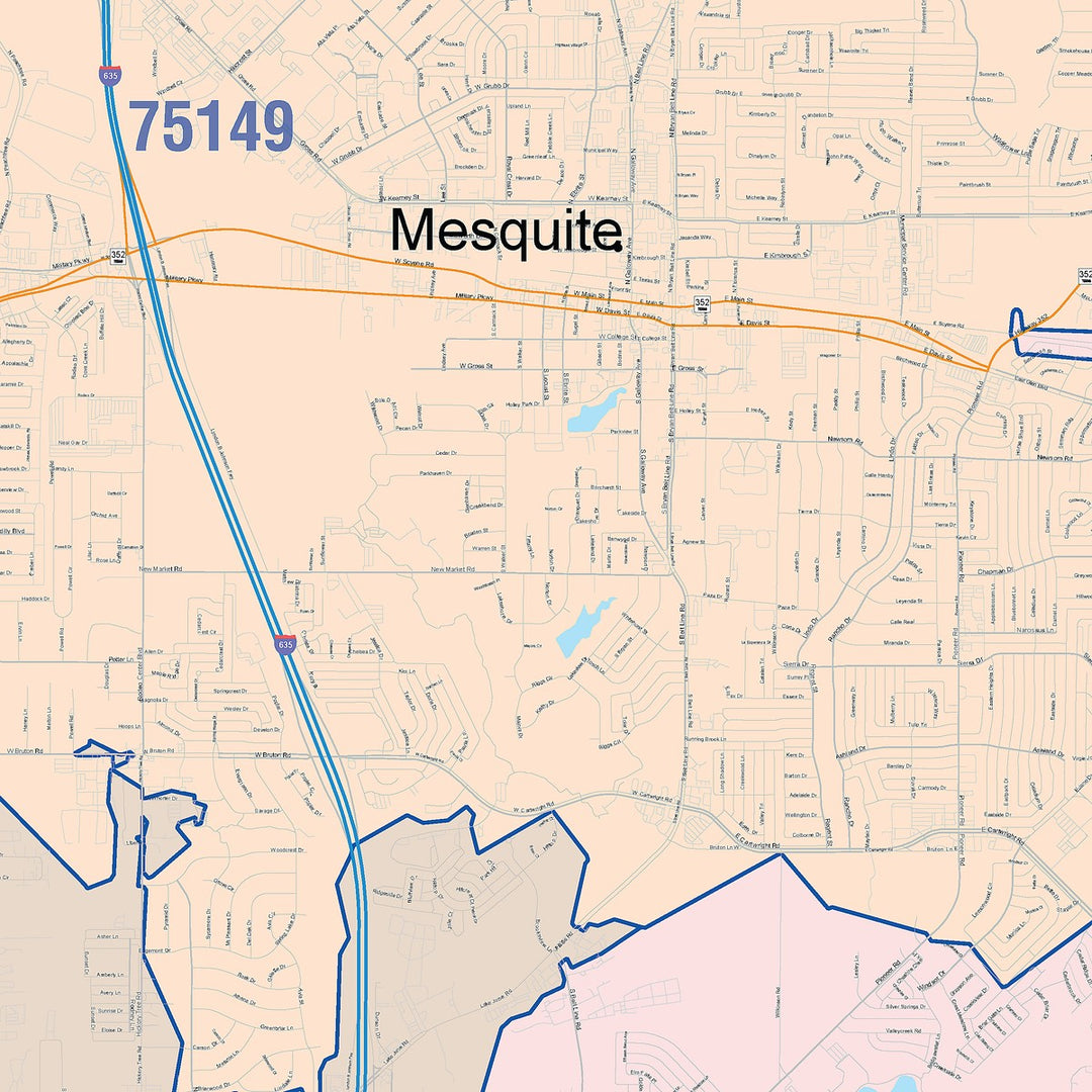 Color Cast Zip Code Style Wall Map of Mesquite, TX