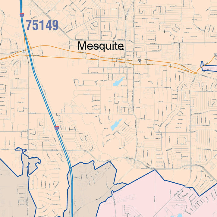 Color Cast Zip Code Style Wall Map of Mesquite, TX