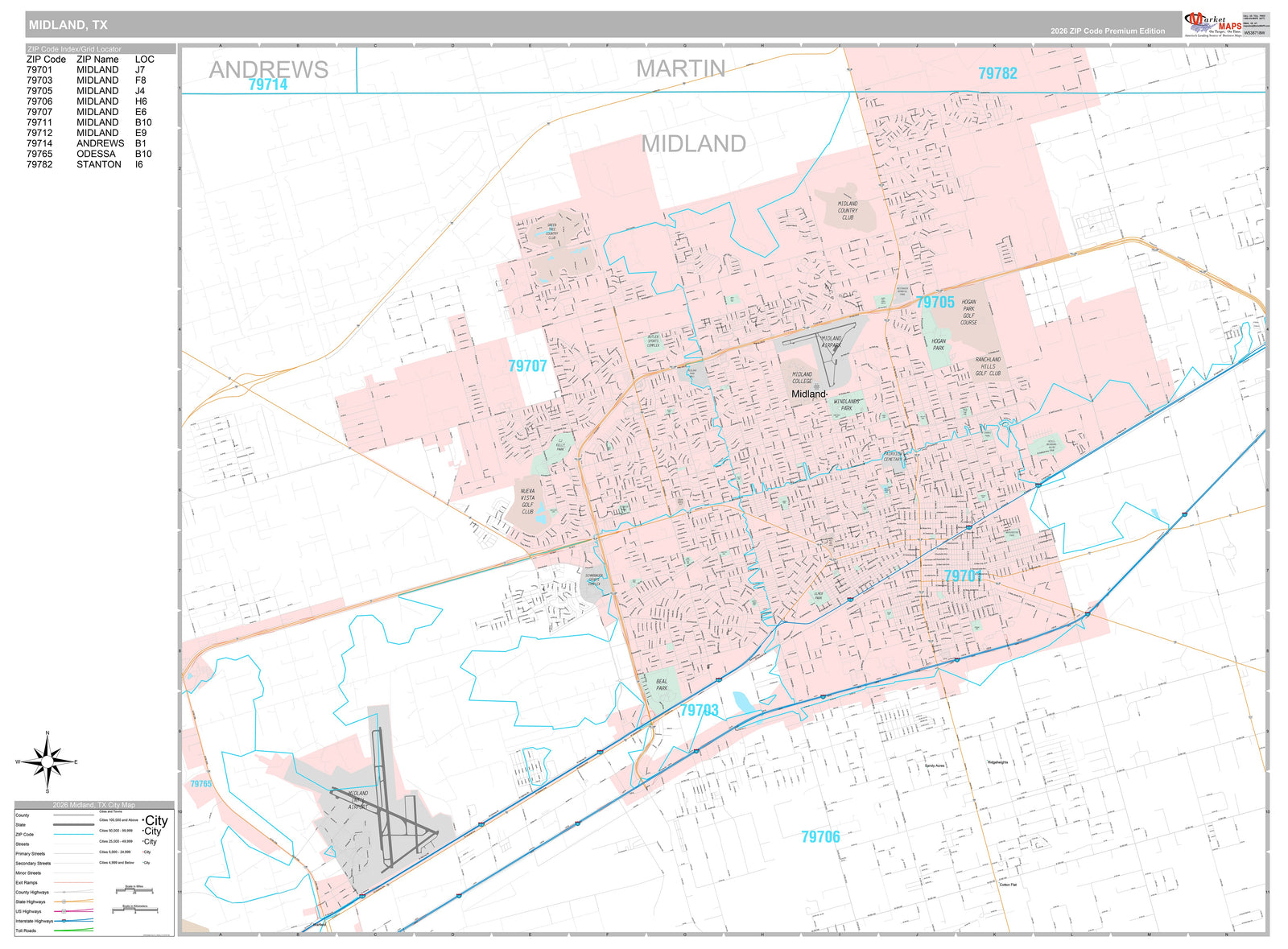 Premium Style Wall Map of Midland, TX