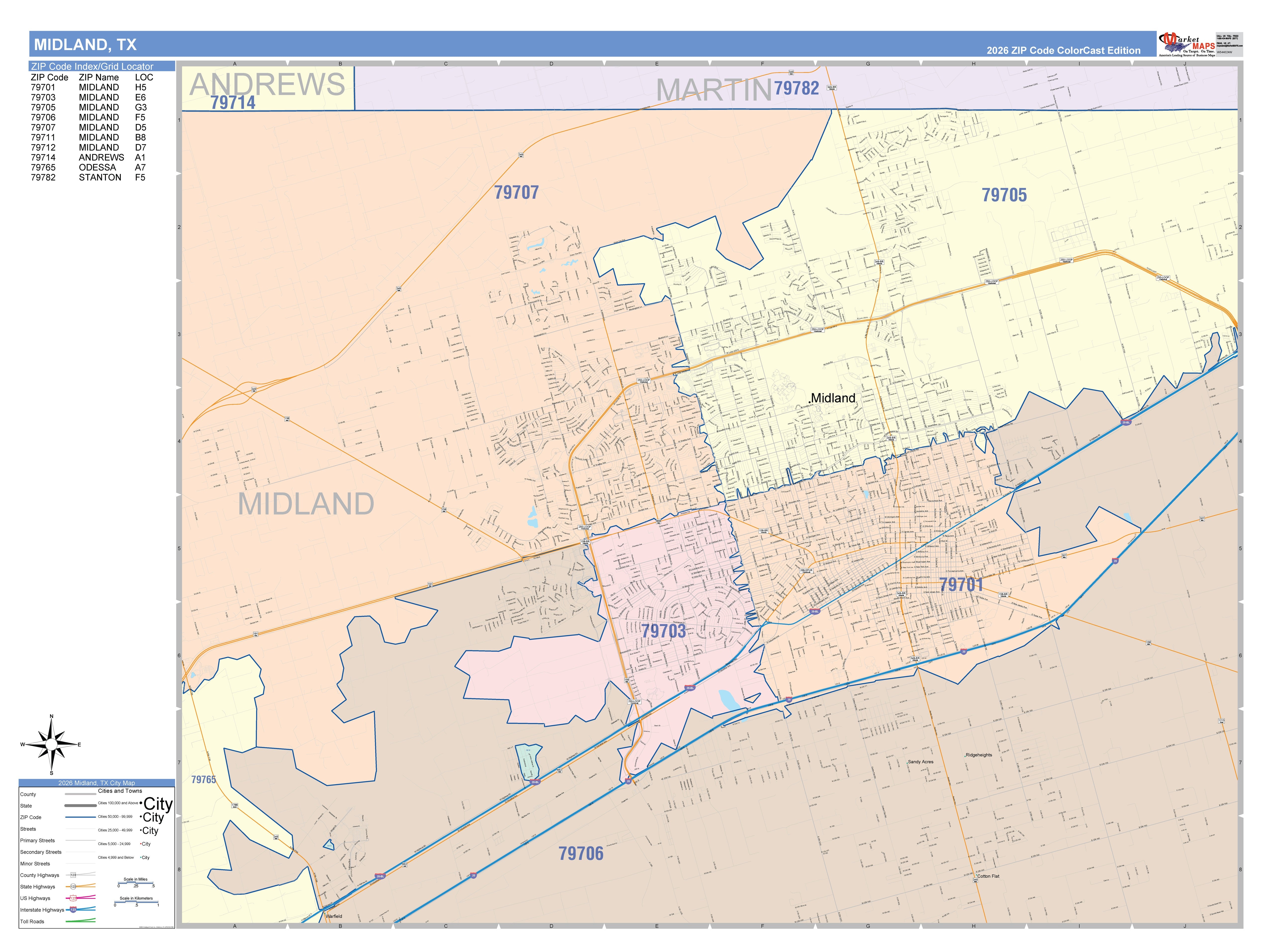Color Cast Zip Code Style Wall Map of Midland, TX – American Map Store