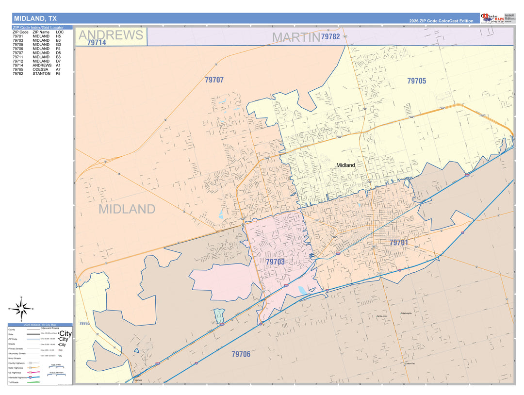 Color Cast Zip Code Style Wall Map of Midland, TX