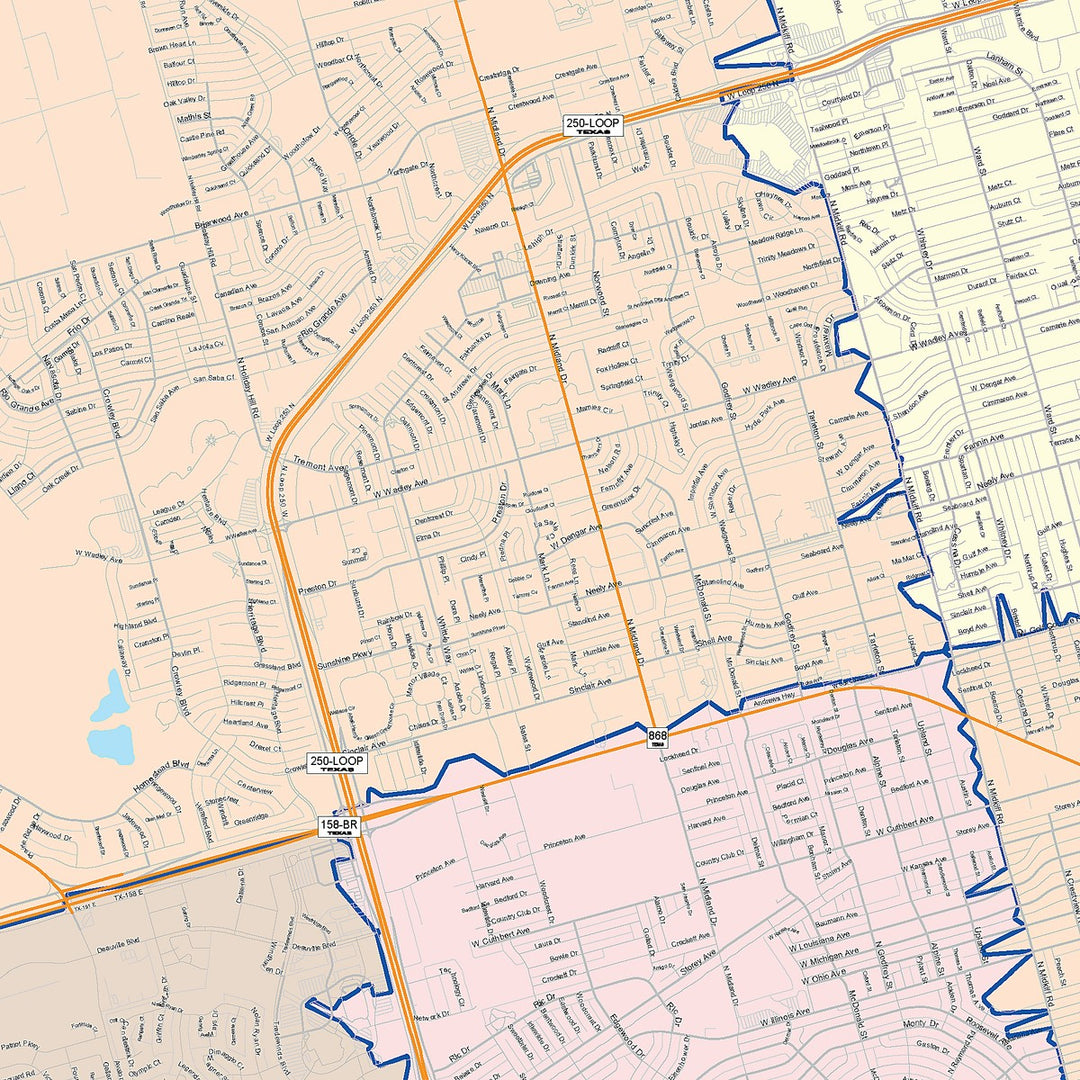 Color Cast Zip Code Style Wall Map of Midland, TX