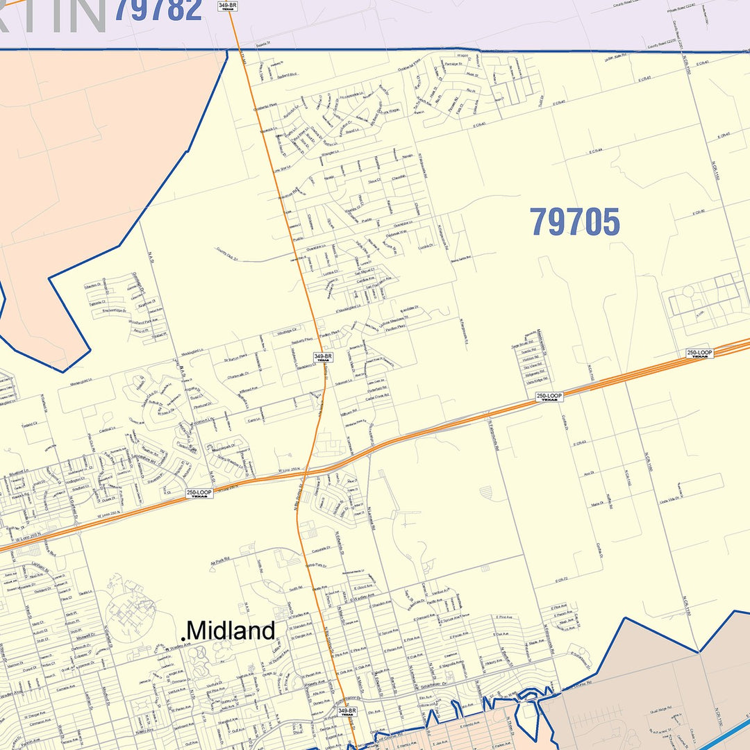 Color Cast Zip Code Style Wall Map of Midland, TX
