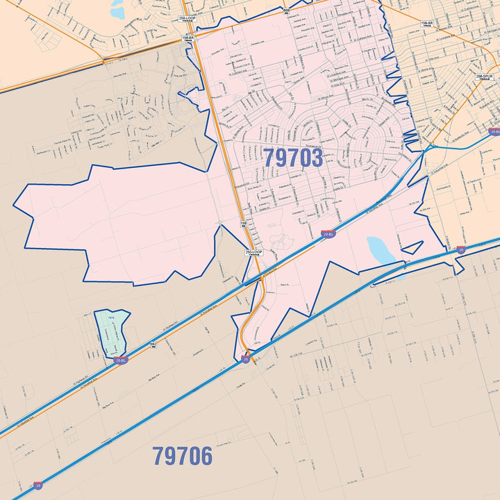 Color Cast Zip Code Style Wall Map of Midland, TX