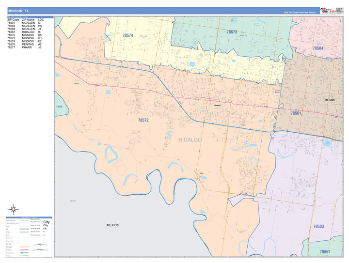 Color Cast Zip Code Style Wall Map of Mission, TX