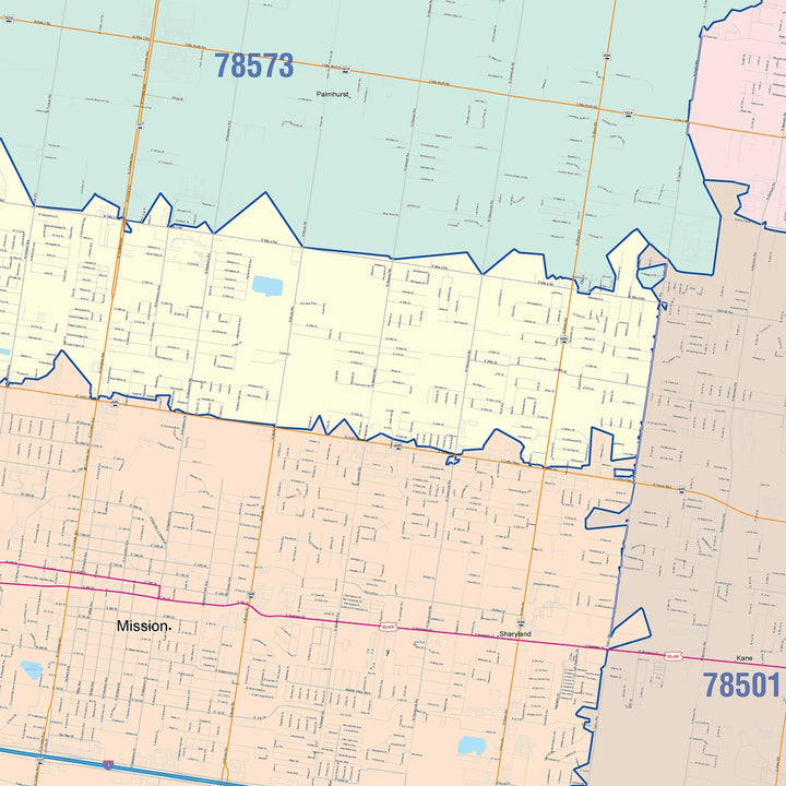 Color Cast Zip Code Style Wall Map of Mission, TX