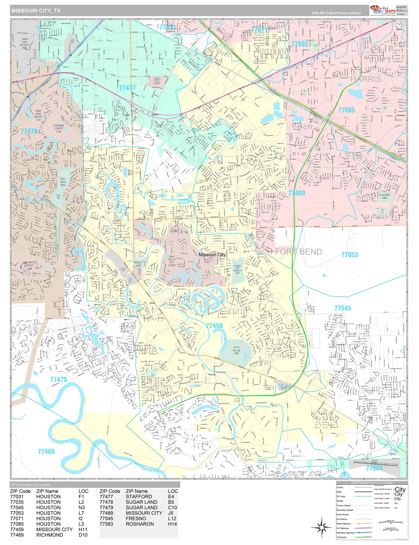 Premium Style Wall Map of Missouri City, TX