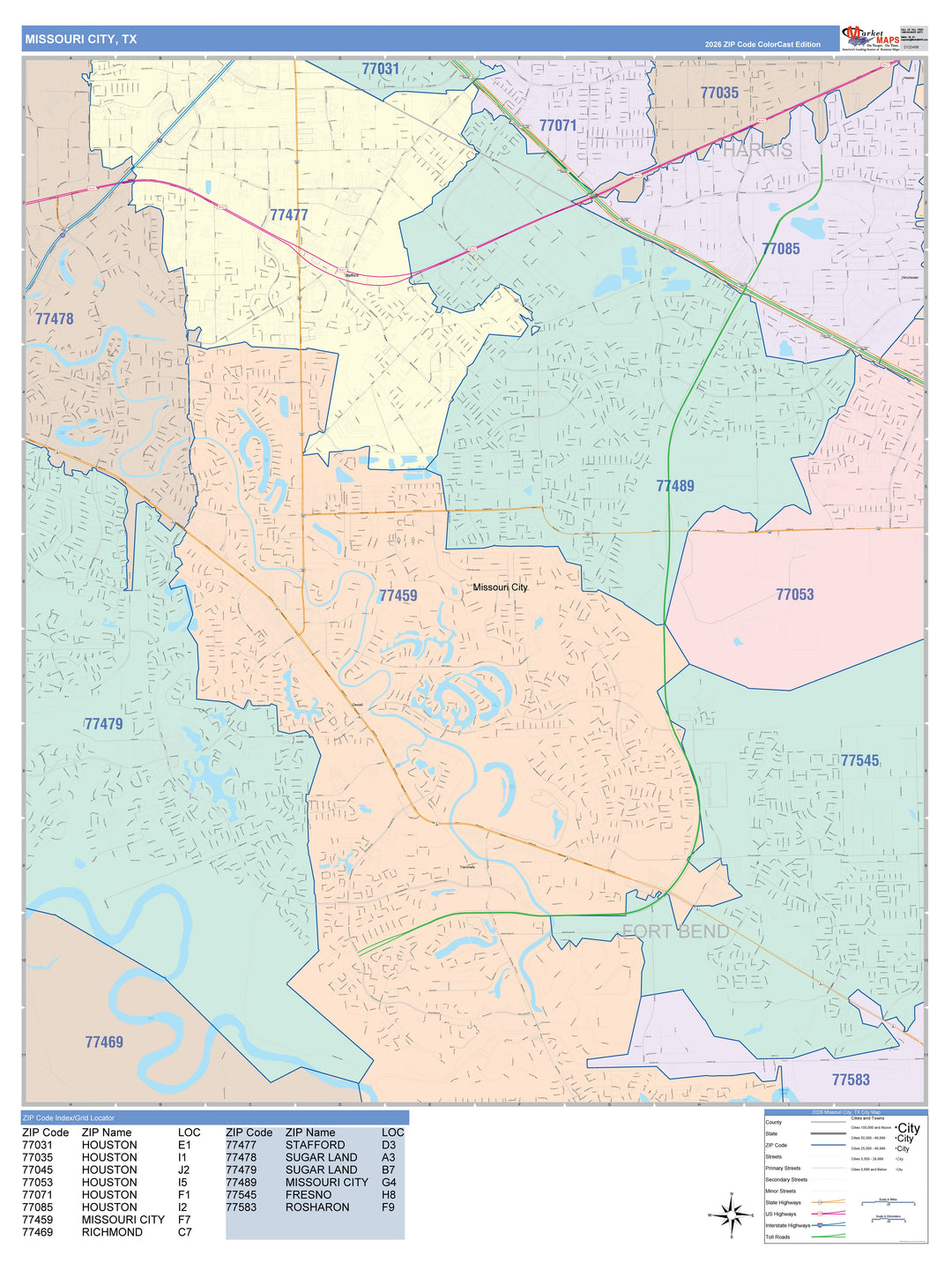 Color Cast Zip Code Style Wall Map of Missouri City, TX