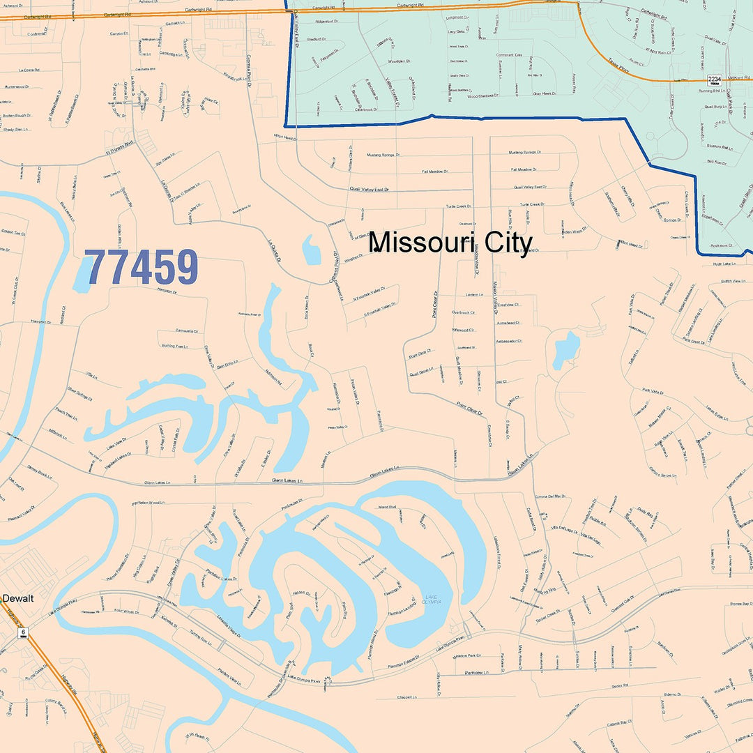 Color Cast Zip Code Style Wall Map of Missouri City, TX