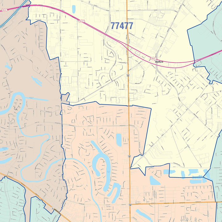 Color Cast Zip Code Style Wall Map of Missouri City, TX