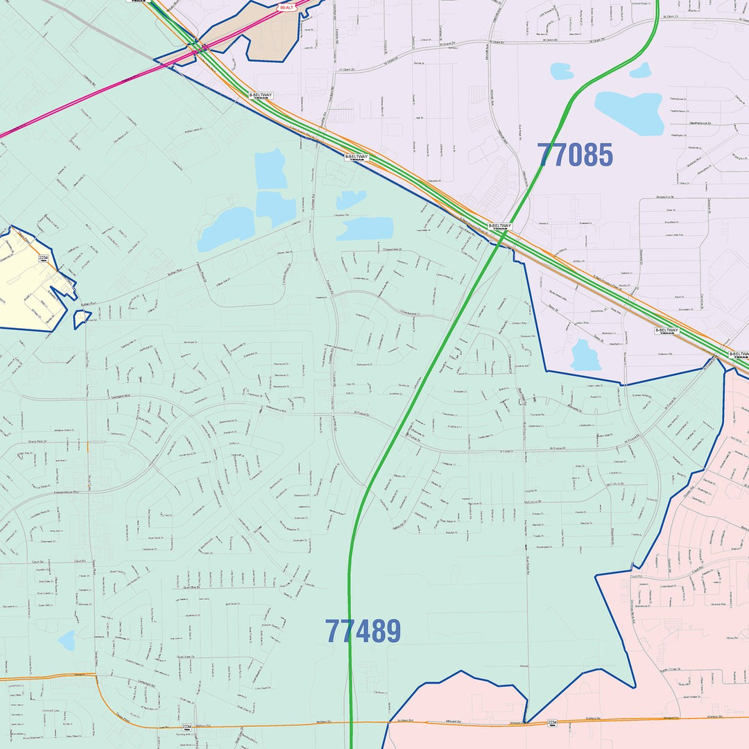 Color Cast Zip Code Style Wall Map of Missouri City, TX
