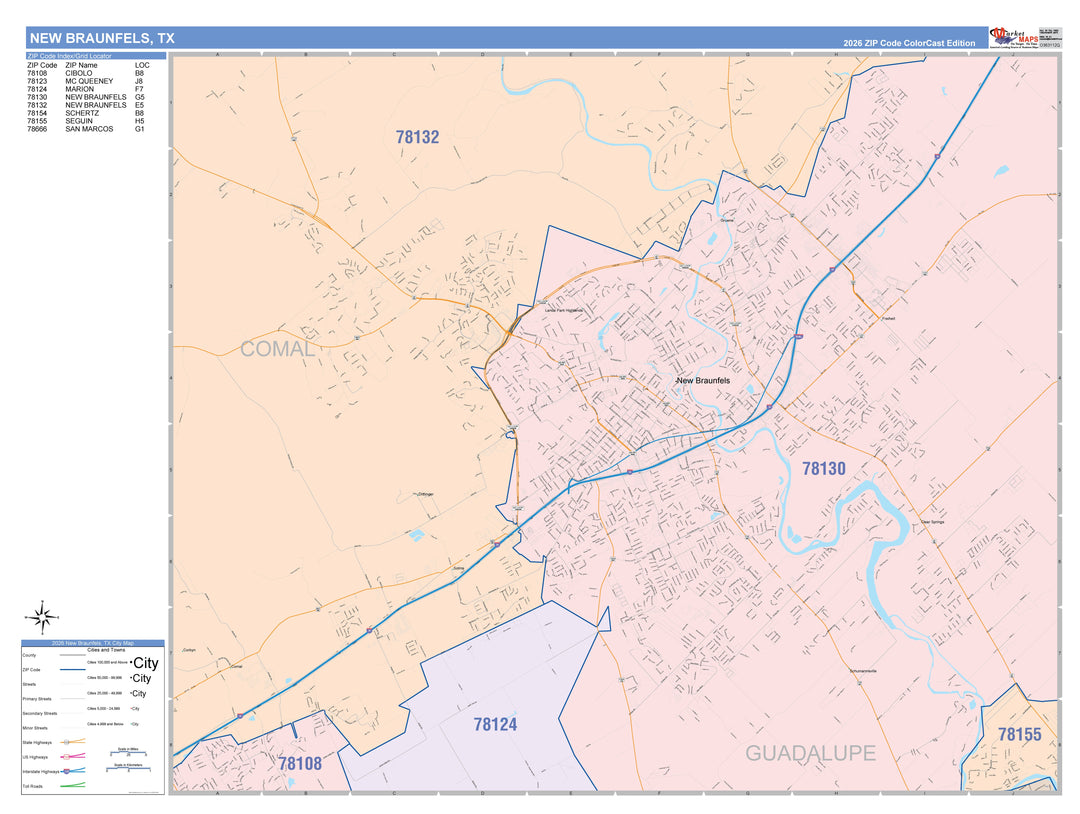 Color Cast Zip Code Style Wall Map of New Braunfels, TX