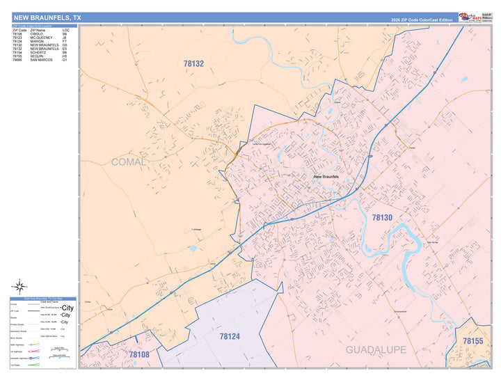 Color Cast Zip Code Style Wall Map of New Braunfels, TX