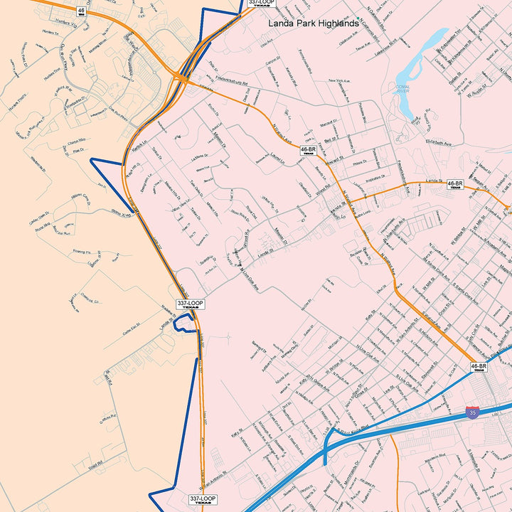 Color Cast Zip Code Style Wall Map of New Braunfels, TX