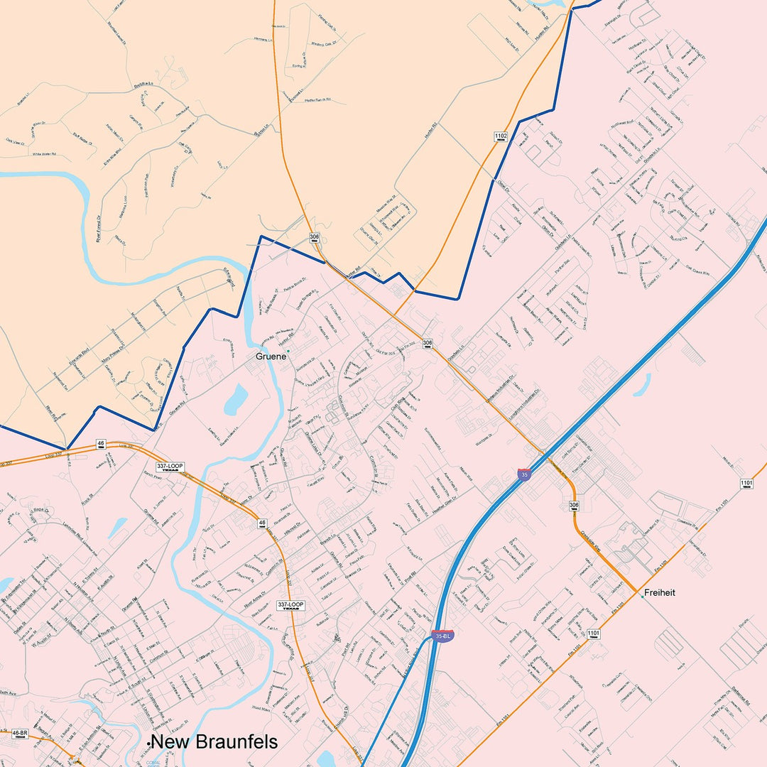 Color Cast Zip Code Style Wall Map of New Braunfels, TX