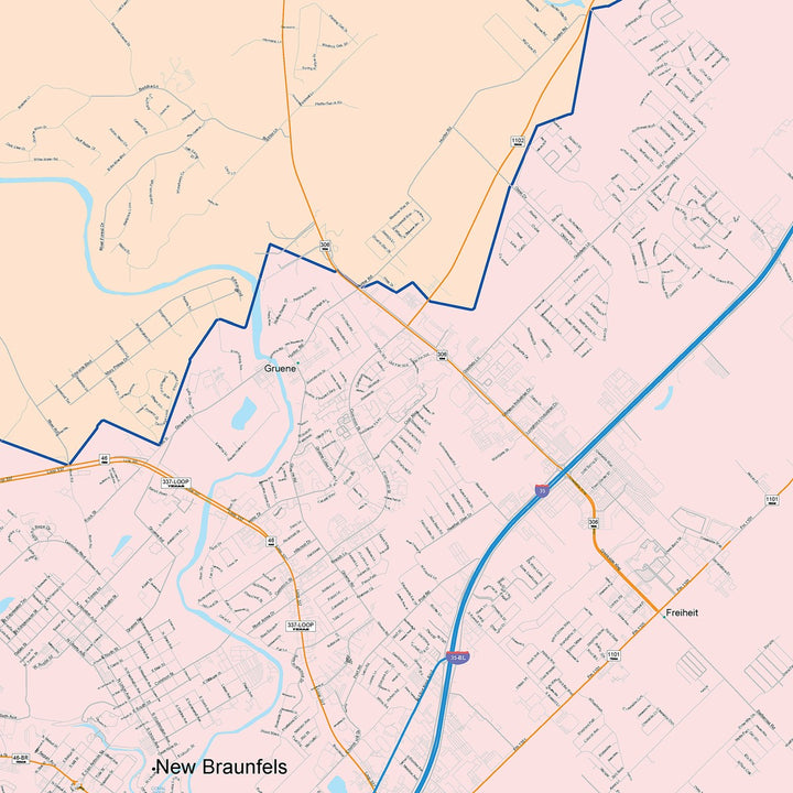 Color Cast Zip Code Style Wall Map of New Braunfels, TX