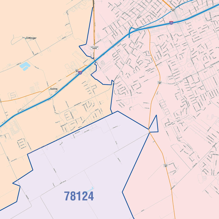 Color Cast Zip Code Style Wall Map of New Braunfels, TX