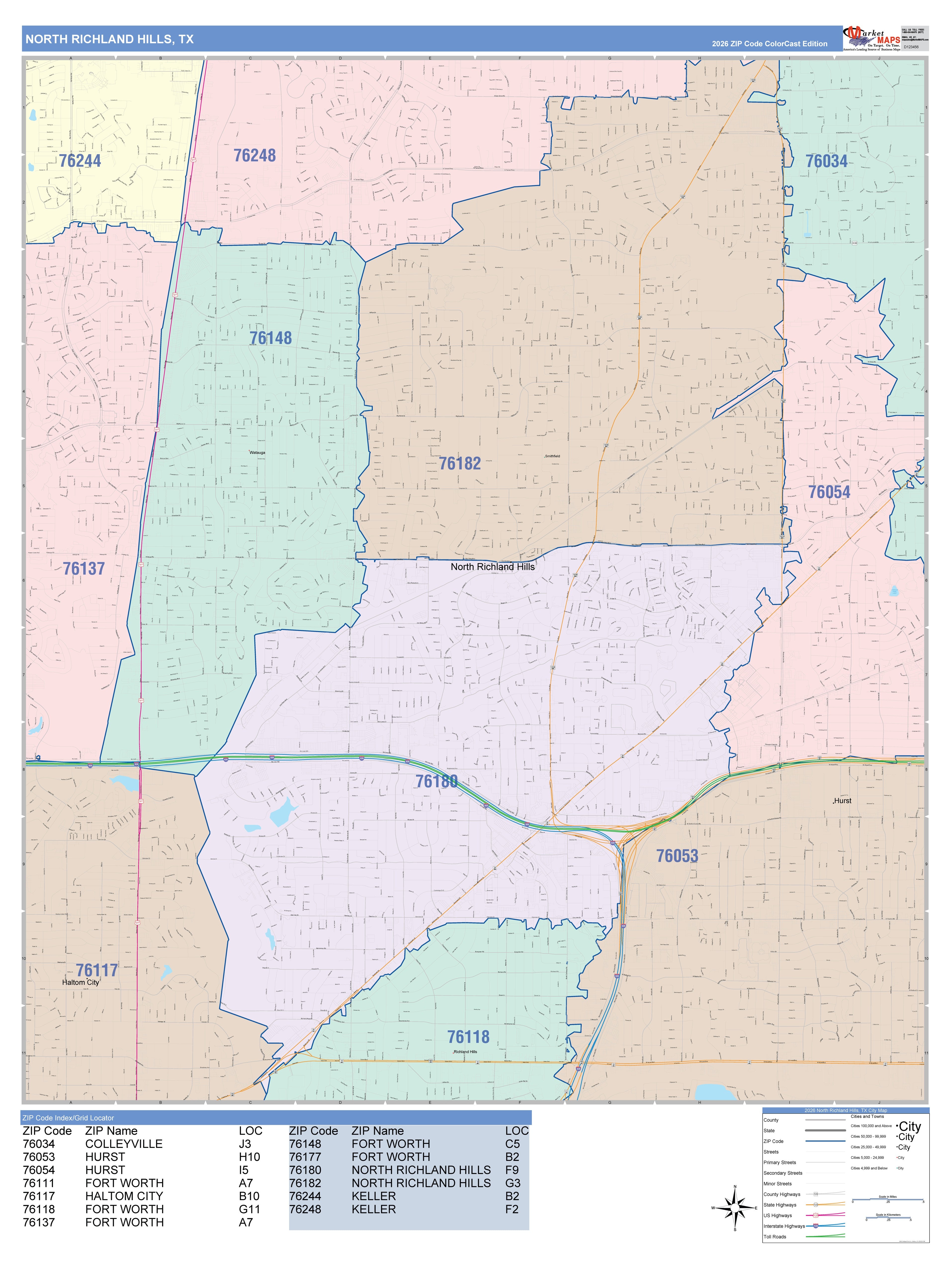 Color Cast Zip Code Style Wall Map of North Richland Hills, TX