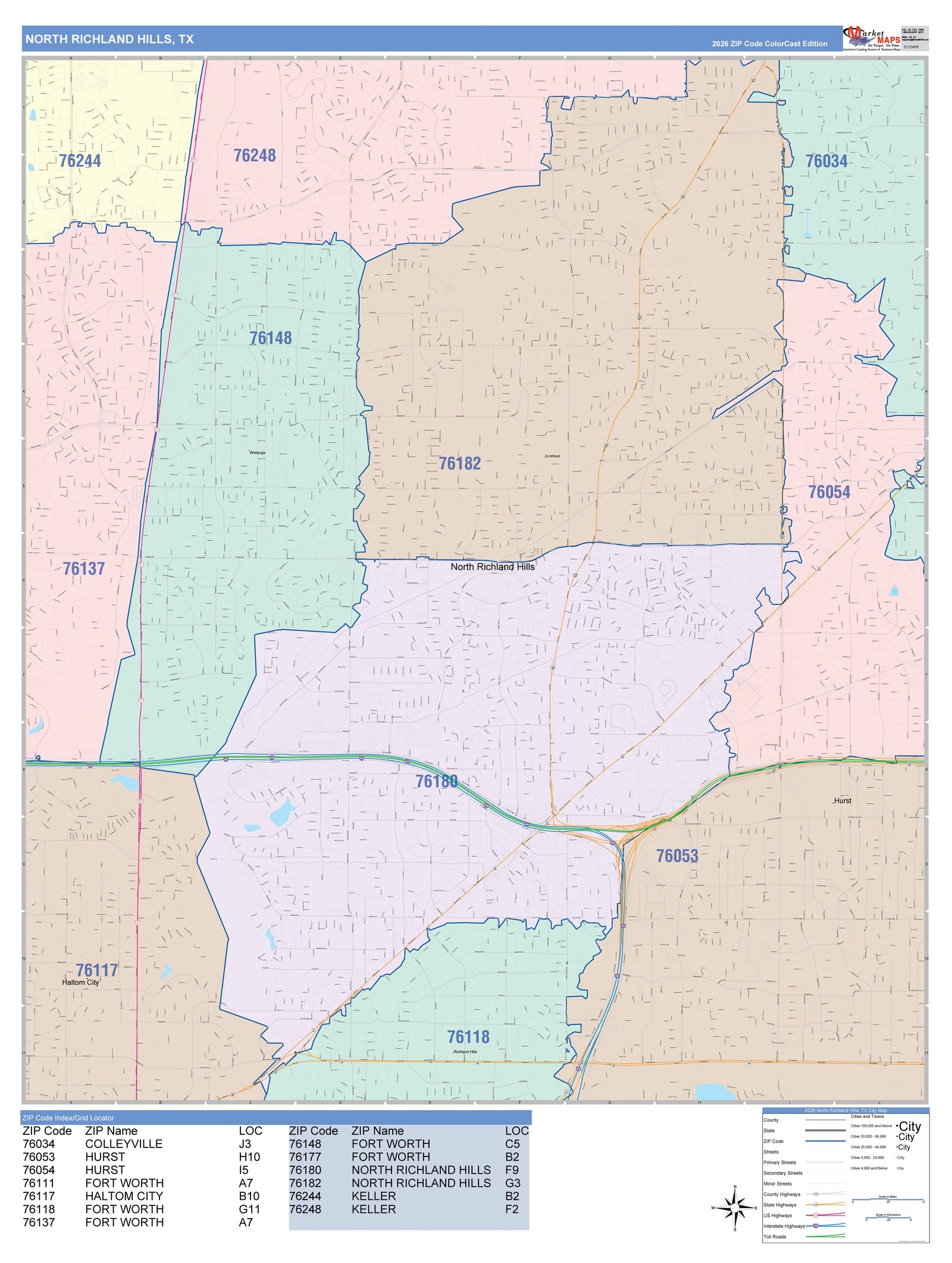 Color Cast Zip Code Style Wall Map of North Richland Hills, TX