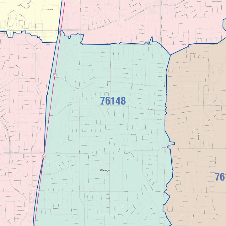 Color Cast Zip Code Style Wall Map of North Richland Hills, TX
