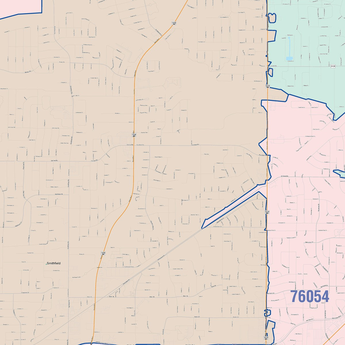Color Cast Zip Code Style Wall Map of North Richland Hills, TX