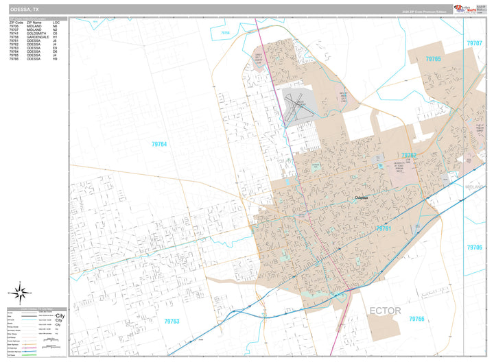 Premium Style Wall Map of Odessa, TX