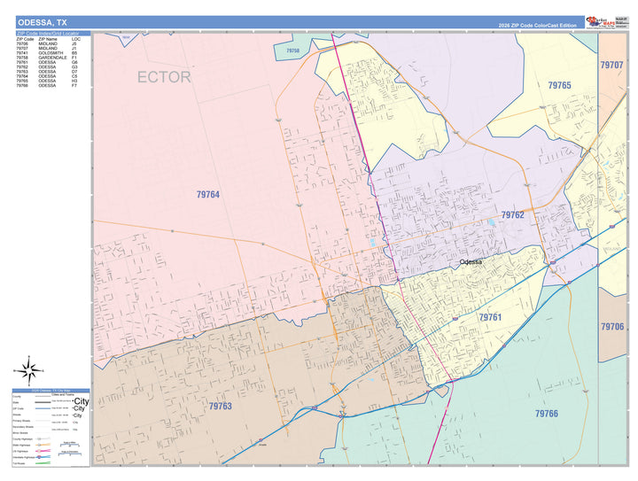 Color Cast Zip Code Style Wall Map of Odessa, TX