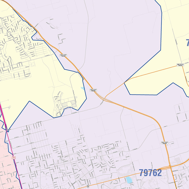 Color Cast Zip Code Style Wall Map of Odessa, TX